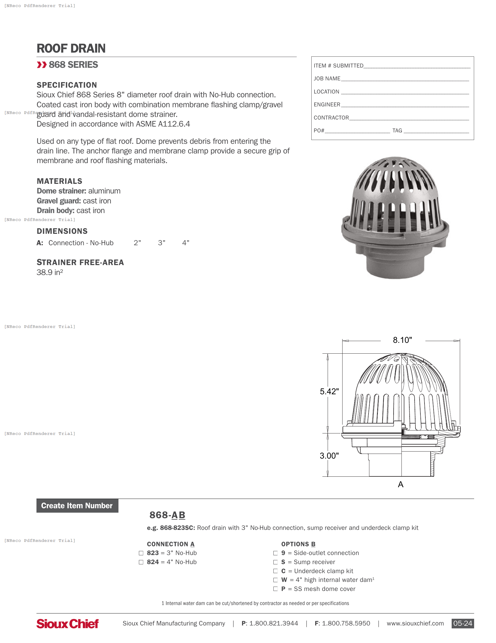 868-82 SERIES - ROOF DRAIN - SPEC SHEET.PDF Specification Document
